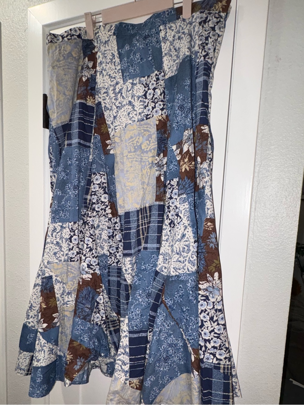 Coldwater Creek Blue Patchwork Circle Skirt with Brown Accents 100% Cotton